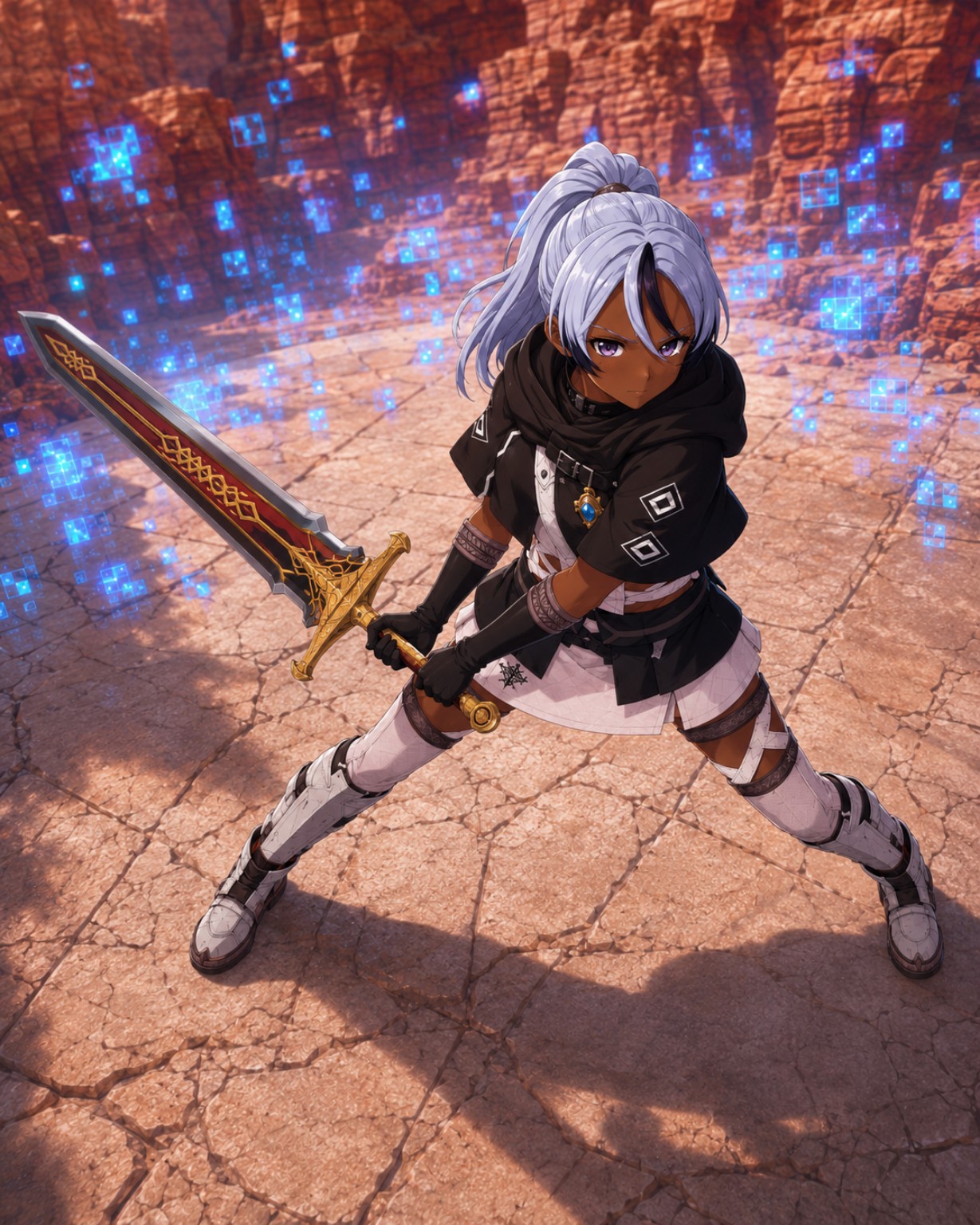 Silver-haired anime swordswoman with a red and gold sword in a stone courtyard