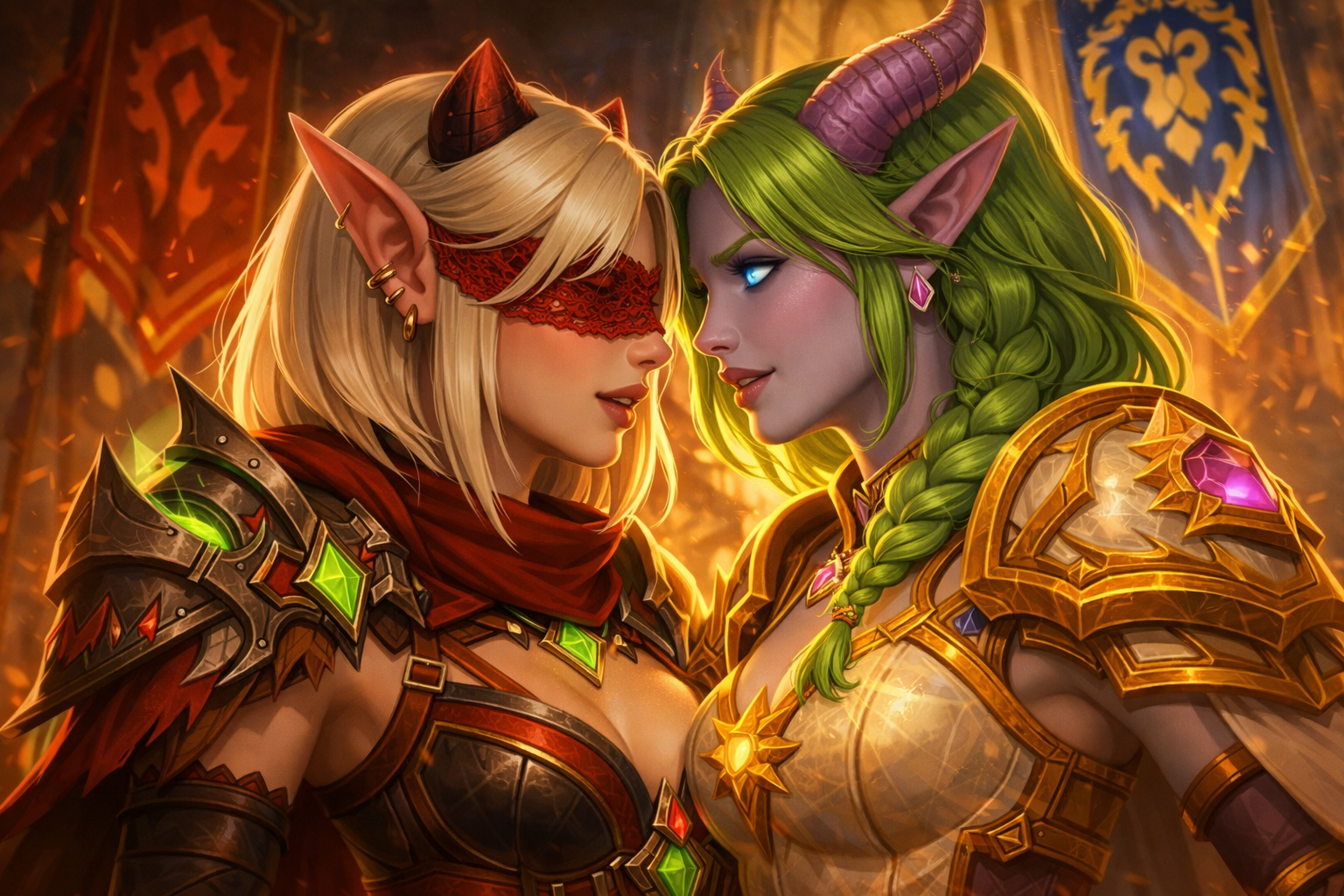An armored elf and draenei paladin together in a warmly lit fantasy scene
